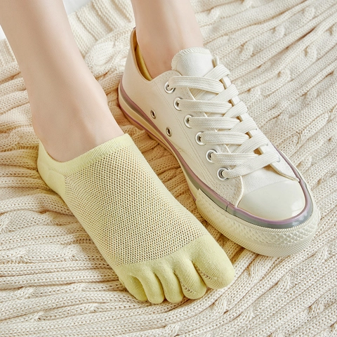Women Five Finger Socks Cotton Mesh Breathable Invisible Low Cut Boat Style Solid Color Non Slip Comfortable