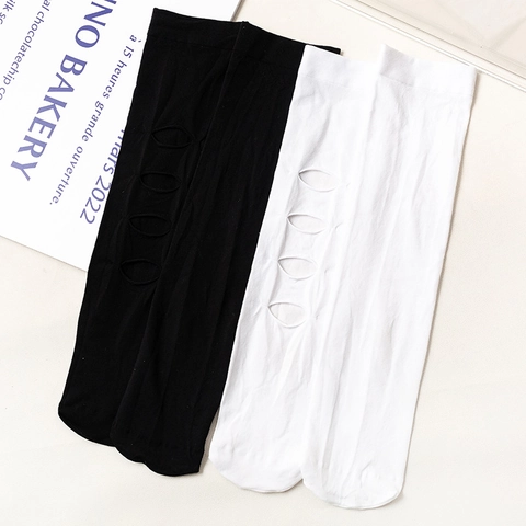 Women Hollow Out Knee High Socks Nylon Velvet Cutout Round Hole Breathable Lolita JK Harajuku Streetwear Style