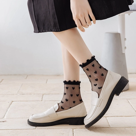 Damen Transparente Mesh Socken Herz Streifen Atmungsaktiv Ultradünn Rüschensaum Japanischer Stil Nylon