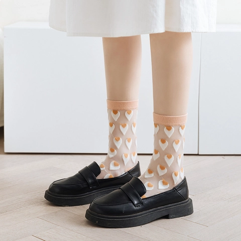 Women Transparent Mesh Crew Socks Ultra Thin Breathable Nylon Japanese Style Heart Argyle Bowknot Pattern Sweet Elegant