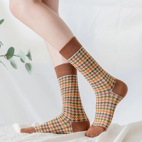 Chaussettes Mi-Mollet En Coton Tricoté Pour Femmes Vintage Pied-De-Poule Chevrons Broderie Florale Style Académie