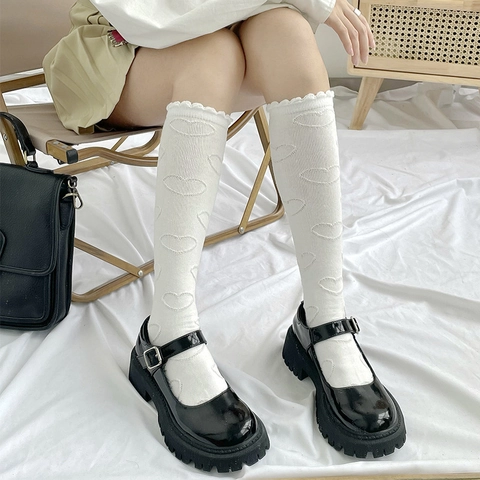 Dames Meisjes Katoenen Sokken Hart Vlinder Jacquard Patroon Ruches Lolita Stijl JK Academie Mode Ademend Zoet