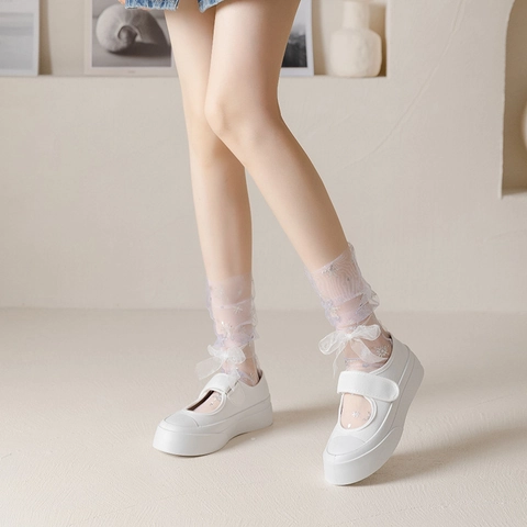 Dames Mesh Sokken Transparant Ademend Nylon Zilveren Sneeuwvlok Strik Ruches Japanse Stijl