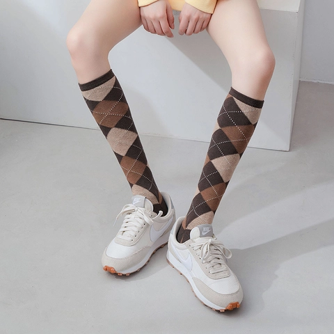 Calze Al Ginocchio Argyle Da Donna In Cotone Fantasia Sopra Il Ginocchio Calze Lunghe Stile British Retro