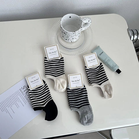 Calzini Invisibili A Righe Donna Misto Cotone Silicone Antiscivolo Traspirante Stile Giapponese