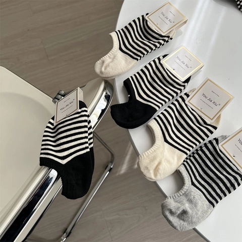 Calzini Invisibili A Righe Donna Misto Cotone Silicone Antiscivolo Traspirante Stile Giapponese