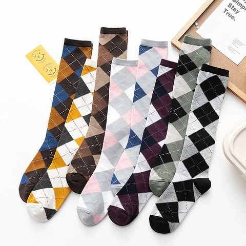 Calze Al Ginocchio Argyle Da Donna In Cotone Fantasia Sopra Il Ginocchio Calze Lunghe Stile British Retro