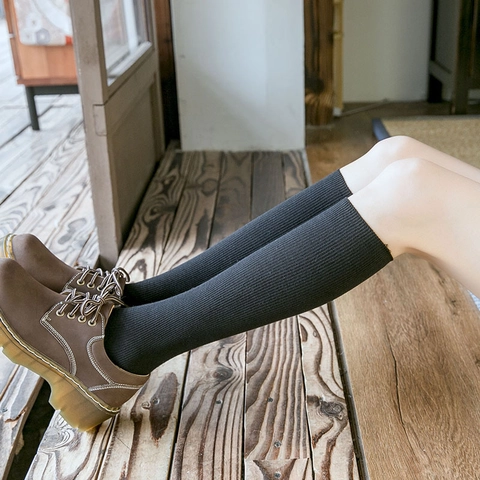 Women Ribbed Calf Socks Cotton Solid Color Knee High Stockings Japanese Style Vintage Vertical Pit Strip Breathable
