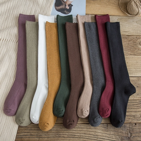 Women Ribbed Calf Socks Cotton Solid Color Knee High Stockings Japanese Style Vintage Vertical Pit Strip Breathable