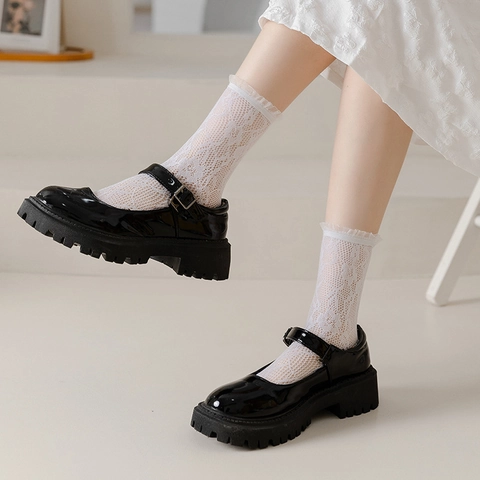 Damen Crew Socken Nylon Spitze Hohl Aus Mesh Rüschen Trim Blumen Herz Muster Süß Lolita Stil