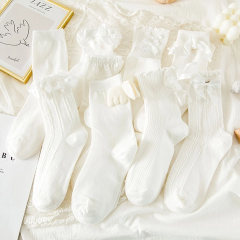 Women White Cotton Mid Tube Socks Sweet Lolita Lace Ruffle Bow Wing Japanese JK Style Soft Breathable