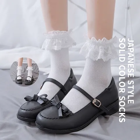Women White Cotton Mid Tube Socks Sweet Lolita Lace Ruffle Bow Wing Japanese JK Style Soft Breathable
