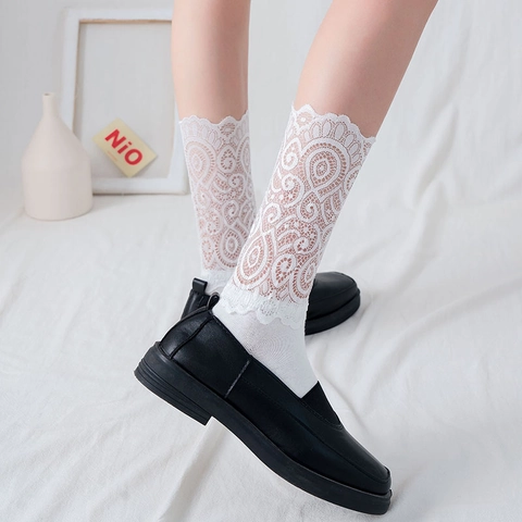Women Crew Socks Cotton Lace Hollow Out Floral Scalloped Trim Harajuku Fashion Retro Breathable Elegant Vintage