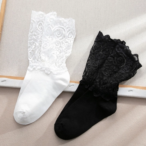 Women Crew Socks Cotton Lace Hollow Out Floral Scalloped Trim Harajuku Fashion Retro Breathable Elegant Vintage