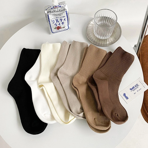Damen Crew Socken Baumwolle Gerippt Einfarbig Japanischer JK Stil Wadenhoch Atmungsaktiv Vielseitig Modisch Lässig Weich
