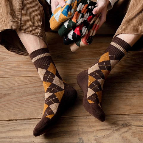 Calze Uomo Cotone Motivo Argyle Lunghezza Media Stile Britannico Vintage Calde Casual Autunno Inverno