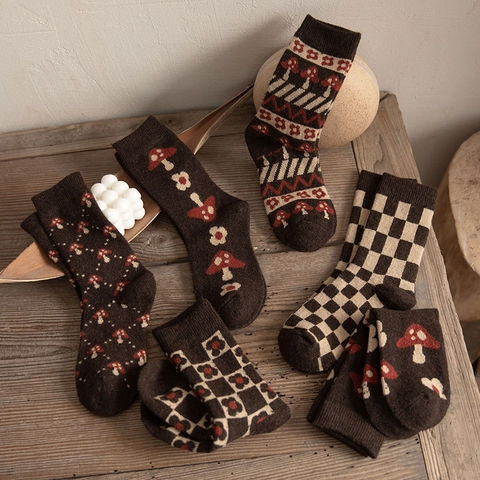 Calze Di Lana Da Donna Spesse Calde Metà Polpaccio Stile Foresta Retro Motivo Funghi Fiori Maglia Per Inverno