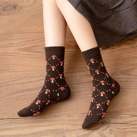 Calze Di Lana Da Donna Spesse Calde Metà Polpaccio Stile Foresta Retro Motivo Funghi Fiori Maglia Per Inverno