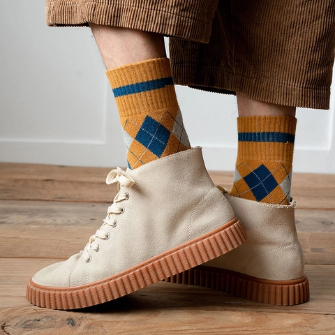 Calze Uomo Cotone Motivo Argyle Lunghezza Media Stile Britannico Vintage Calde Casual Autunno Inverno