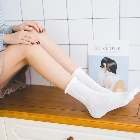 Women Cotton Blend Crew Socks With Ruffle Trim Ribbed Hollow Out Knit Lettuce Edge Retro Academy Style