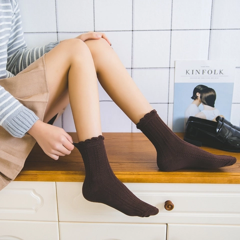 Women Cotton Blend Crew Socks With Ruffle Trim Ribbed Hollow Out Knit Lettuce Edge Retro Academy Style