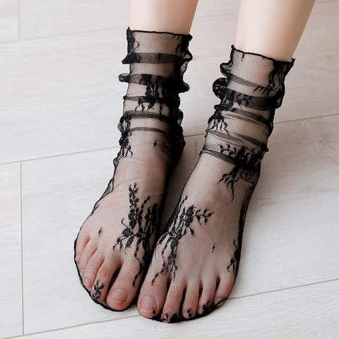 Chaussettes Hautes Vintage Japonaises En Dentelle Pour Femmes Maille Transparente Ajourée Fleurie Respirante Fine