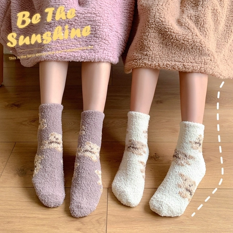 Damen Korallenvlies Schlafsocken Verdickt Warm Winter Home Floor Mittelhoch Süßer Cartoon Bär Jacquard