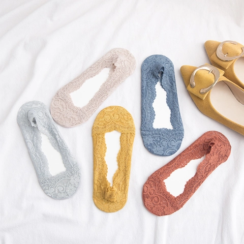 Chaussettes Invisibles En Dentelle Pour Femmes Chaussettes Bateau Antidérapantes Coupe Basse Nylon Floral Mince Été