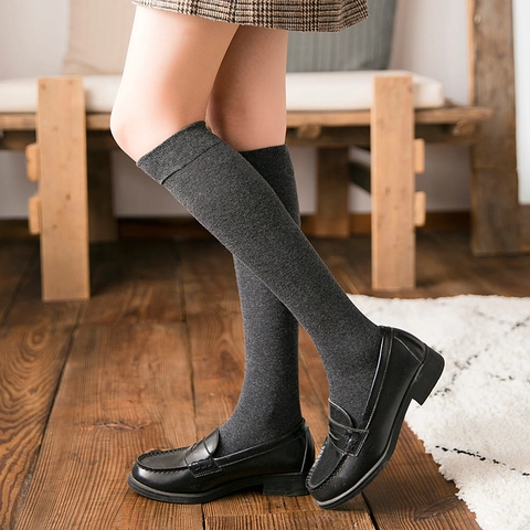 Women Knee High Socks Cotton Blend Knitted Solid Color Korean Preppy Academy Style Casual Long Stockings