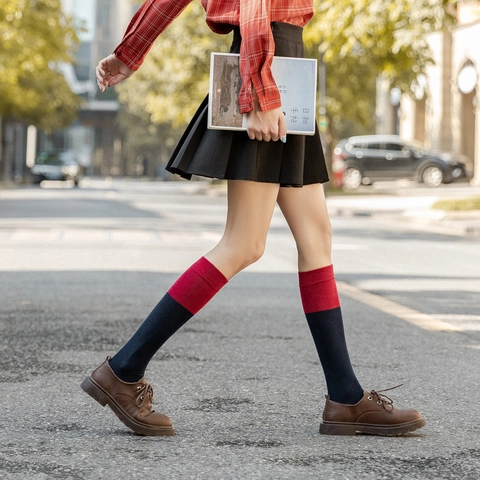 Calze Al Ginocchio In Cotone Da Donna Traspiranti Blocchi Di Colore A Contrasto Stile Preppy Giapponese Retro Morbido