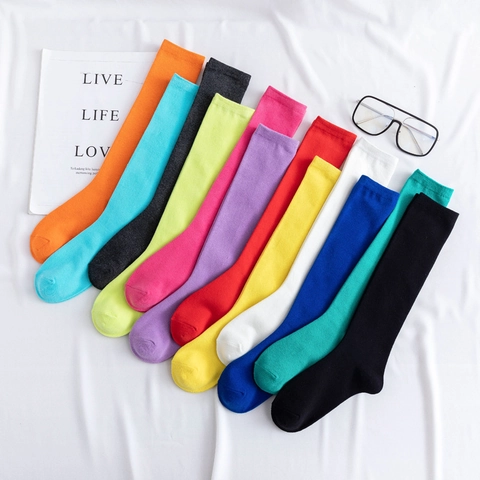 Calcetines Altos Mujer Color Caramelo Sólido Mezcla Algodón Estilo Japonés Transpirable Calcetines Largos Accesorio