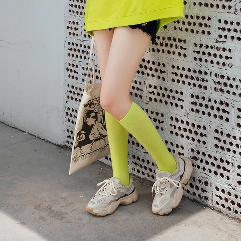 Calcetines Altos Mujer Color Caramelo Sólido Mezcla Algodón Estilo Japonés Transpirable Calcetines Largos Accesorio