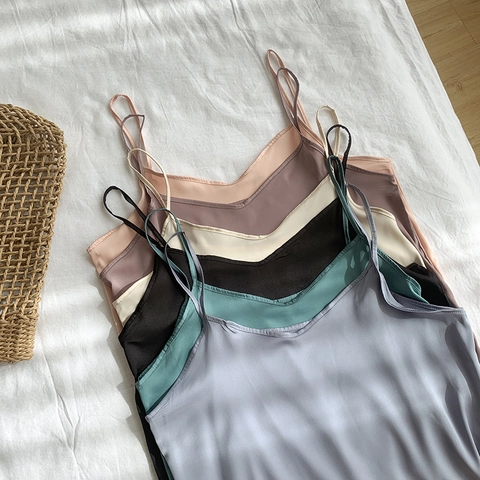 Women Satiny Chiffon Pajamas Cami Top And Shorts Breathable V-Neck Sleeveless Summer Sleepwear Solid Color Homewear