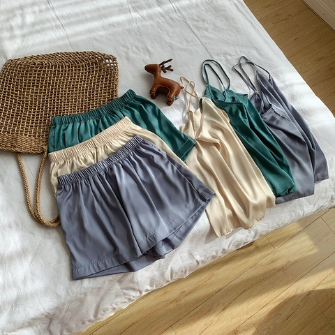 Women Satiny Chiffon Pajamas Cami Top And Shorts Breathable V-Neck Sleeveless Summer Sleepwear Solid Color Homewear
