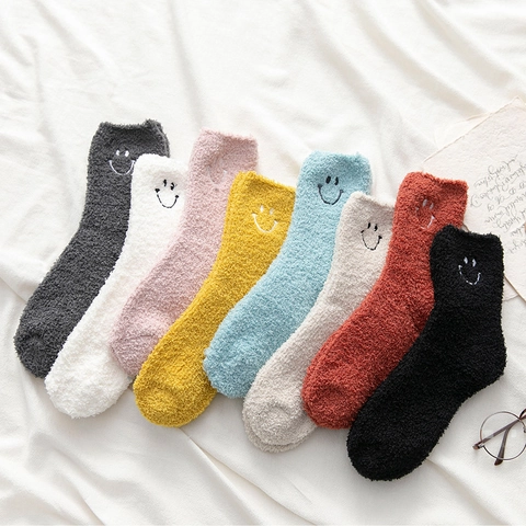 Women Coral Fleece Mid-calf Socks Thickened Warm Winter House Sleeping Socks With Smile Embroidery Japanese Style Solid Color