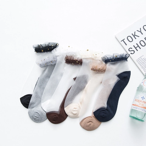 Chaussettes En Maille Transparente Pour Femmes Ultra Minces Respirantes Avec Volants En Dentelle Et Paillettes Étoiles Dorées Semelle En Coton Style Japonais