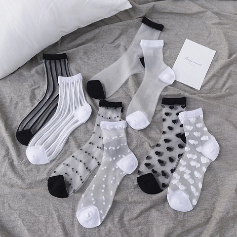 Women Sheer Transparent Crew Socks Nylon Breathable Thin Polka Dot Heart Vertical Stripe Summer Mesh Hosiery