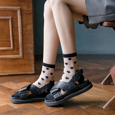 Women Sheer Transparent Crew Socks Nylon Breathable Thin Polka Dot Heart Vertical Stripe Summer Mesh Hosiery