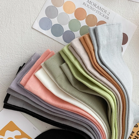 Damen Socken Wadenhoch Atmungsaktive Baumwollmischung Rippstrick Einfarbig Morandi Farben Minimalistisch Japanischer Stil