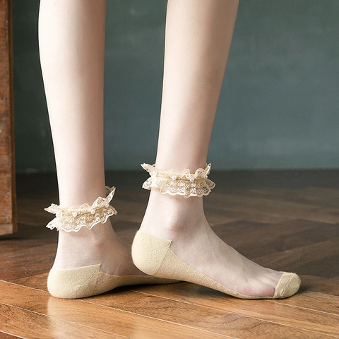 Calze Trasparenti In Rete Da Donna Con Bordo In Pizzo E Künstliche Perle Lolita Dolce Retro Calze Velate