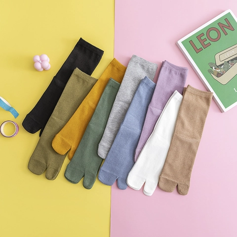 Damen Baumwolle Split Toe Tabi Socken Einfarbig Gerippt Mittellang Socken Für Flip Flops Geta Japanischer Stil Atmungsaktiv