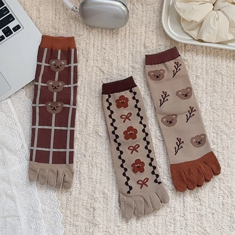 Damen Zehensocken Japanischer Stil Süßer Bär Gittermuster Baumwollmischung Atmungsaktiv Wadenhoch Mode Strümpfe