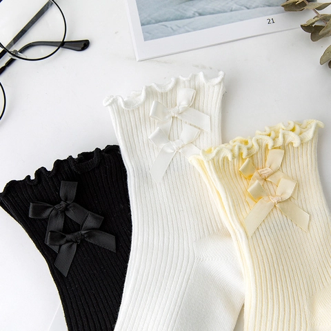 Women Cotton Mid Calf Crew Socks Ruffle Wood Ear Edge Double Bow Ribbed Lolita JK Uniform Style Solid Color Breathable