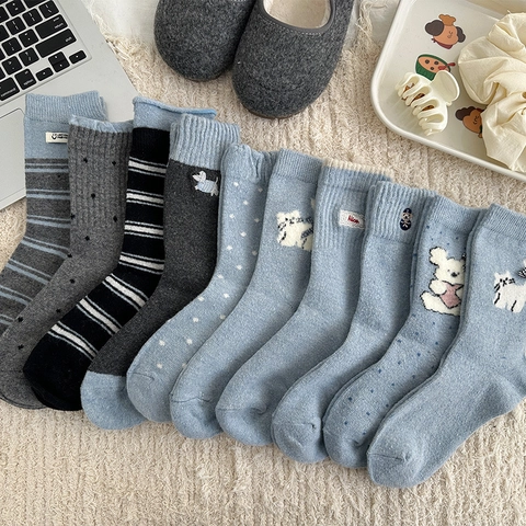 Calze Slouch Donna Misto Lana Spesse Calde Polpaccio Stile Giapponese Ricamo Cartone Animato Righe Pois Maglia