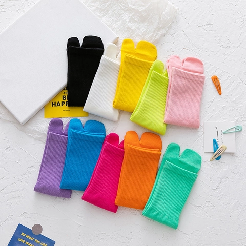 Women Tabi Socks Split Toe Cotton Blend Ribbed Solid Color Mid Tube Casual Fashionable Comfortable