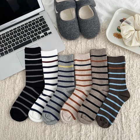 Calze Slouch A Righe Donna Misto Cotone Media Lunghezza Calzini Crew Maglia A Costine Retro Stile Collegio Traspirante