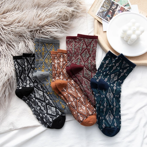 Chaussettes Mi-Mollet Femmes Vintage Motif Géométrique Argyle Mélange Coton Doux Respirant Rétro Pour Dames