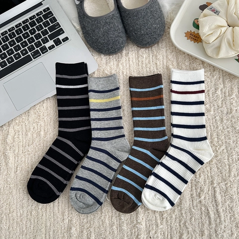 Calze Slouch A Righe Donna Misto Cotone Media Lunghezza Calzini Crew Maglia A Costine Retro Stile Collegio Traspirante