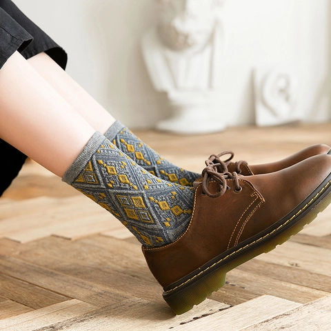 Chaussettes Mi-Mollet Femmes Vintage Motif Géométrique Argyle Mélange Coton Doux Respirant Rétro Pour Dames