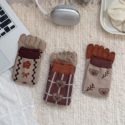 Damen Zehensocken Japanischer Stil Süßer Bär Gittermuster Baumwollmischung Atmungsaktiv Wadenhoch Mode Strümpfe